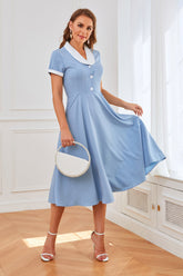 Blaue 1950er Jahre Swing Kleid mit Taschen